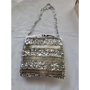 Vintage Silver Beaded & Sequined Evening Bag Chain Handmade Hong Kong New in box
